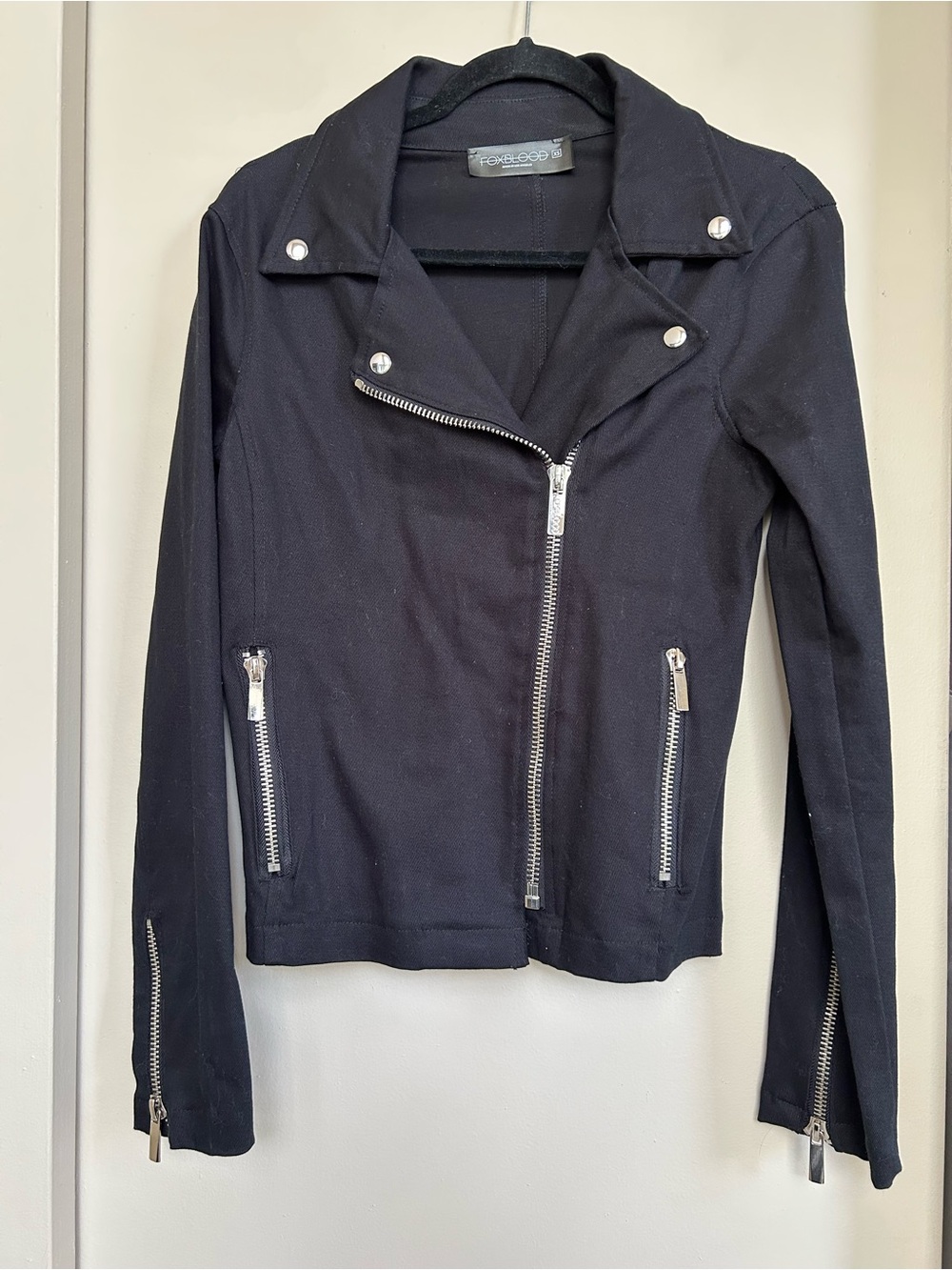 Foxblood Black Asymmetric Moto-Style Jacket with Silver Zippers, XS